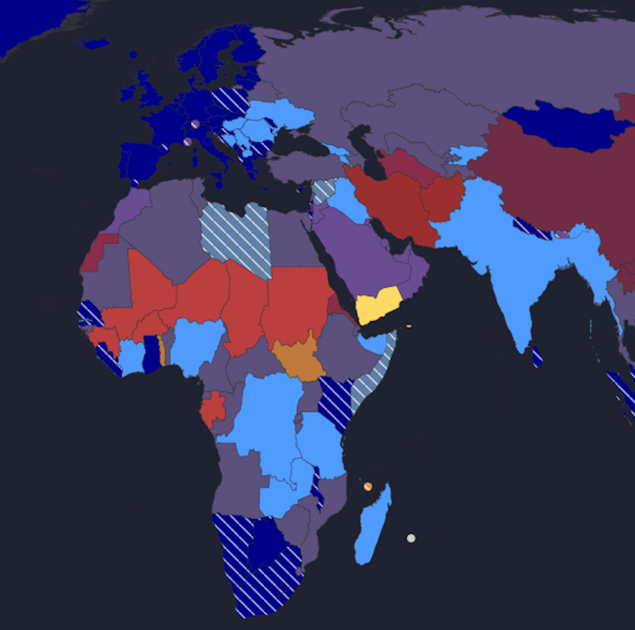 Karte von Afrika und Europa. Die Staaten sind unterschiedlich eingefärbt.