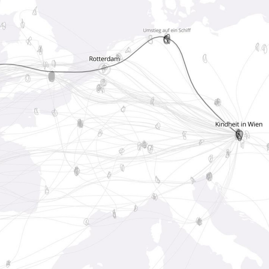Karte von Mitteleuropa mit Fluchtroute von Janet Zwiebel beginnend in Wien